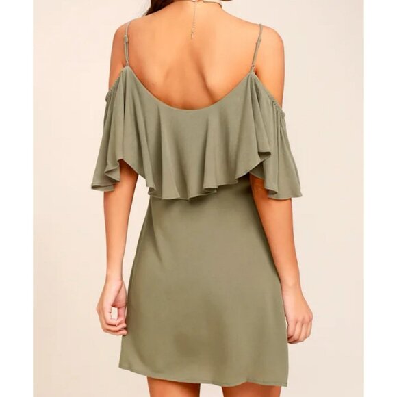 Lulus Olive Green Boho Chic Cold Shoulder Ruffle Women A line Mini Dress XS - Picture 3 of 12